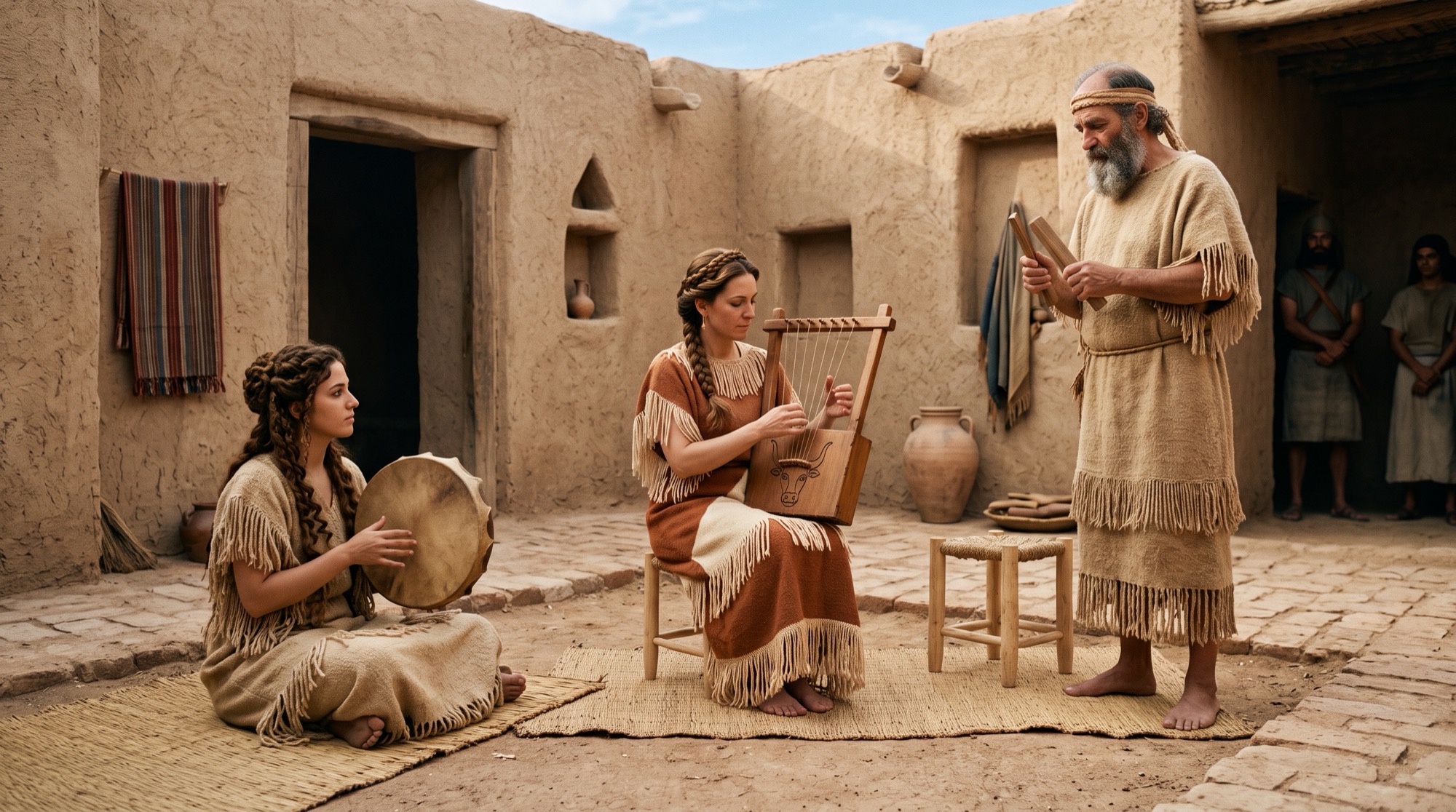 Tres intérpretes con un instrumento de cuerda, un tambor de marco y tablillas de percusión en un patio de adobe.