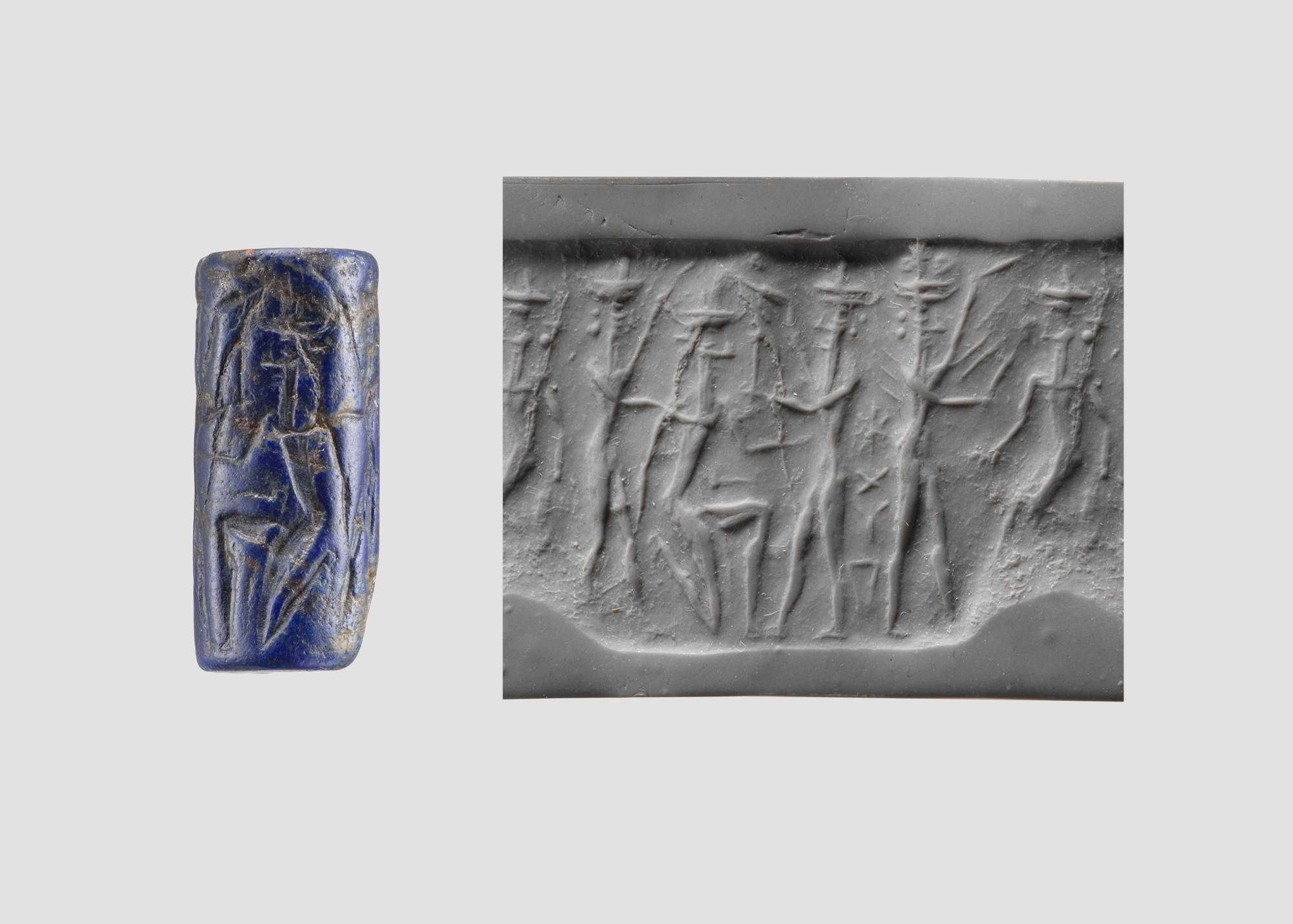 Sello cilíndrico de lapislázuli e impresión moderna, periodo acadio, ca. 2350–2150 a. C.; The Metropolitan Museum of Art, 1999.325.8.