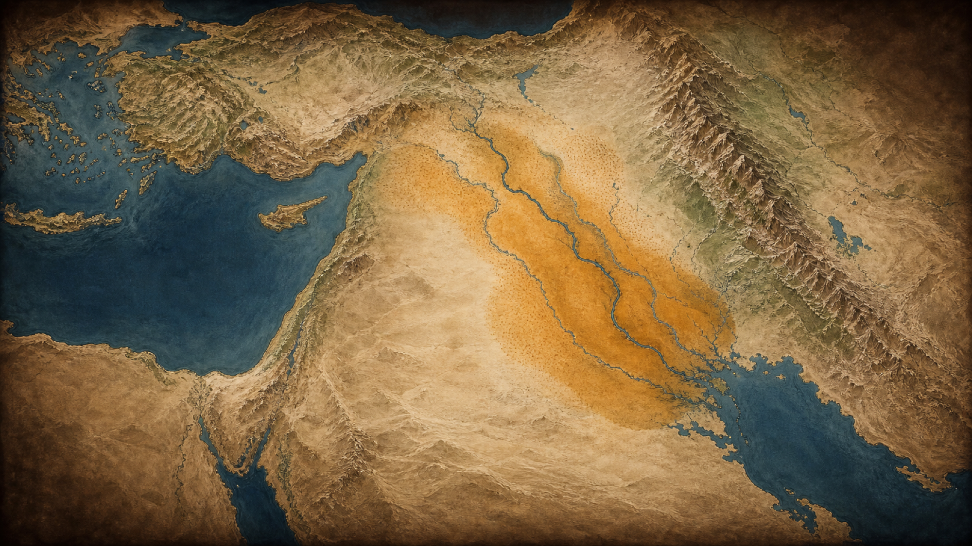 Lámina cartográfica sin rótulos del Próximo Oriente, con los ríos Tigris y Éufrates y una zona ámbar que destaca Mesopotamia.