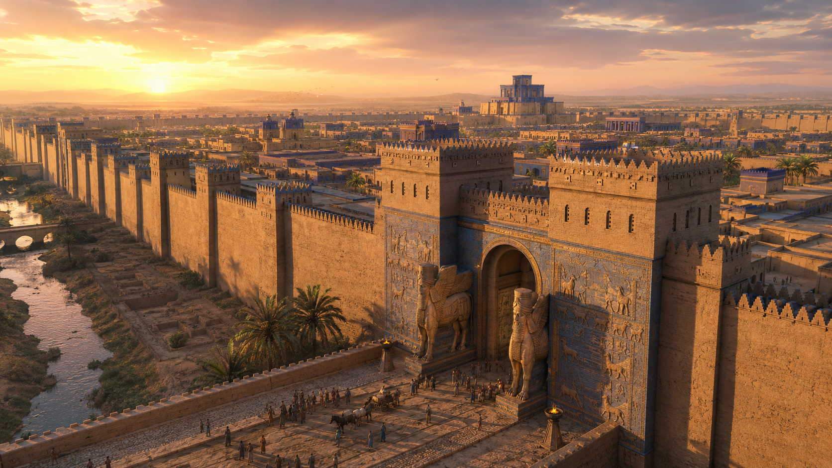 Vista panorámica imaginada de Nínive neoasiria al atardecer, con murallas monumentales, una puerta decorada y edificios palaciales al fondo.