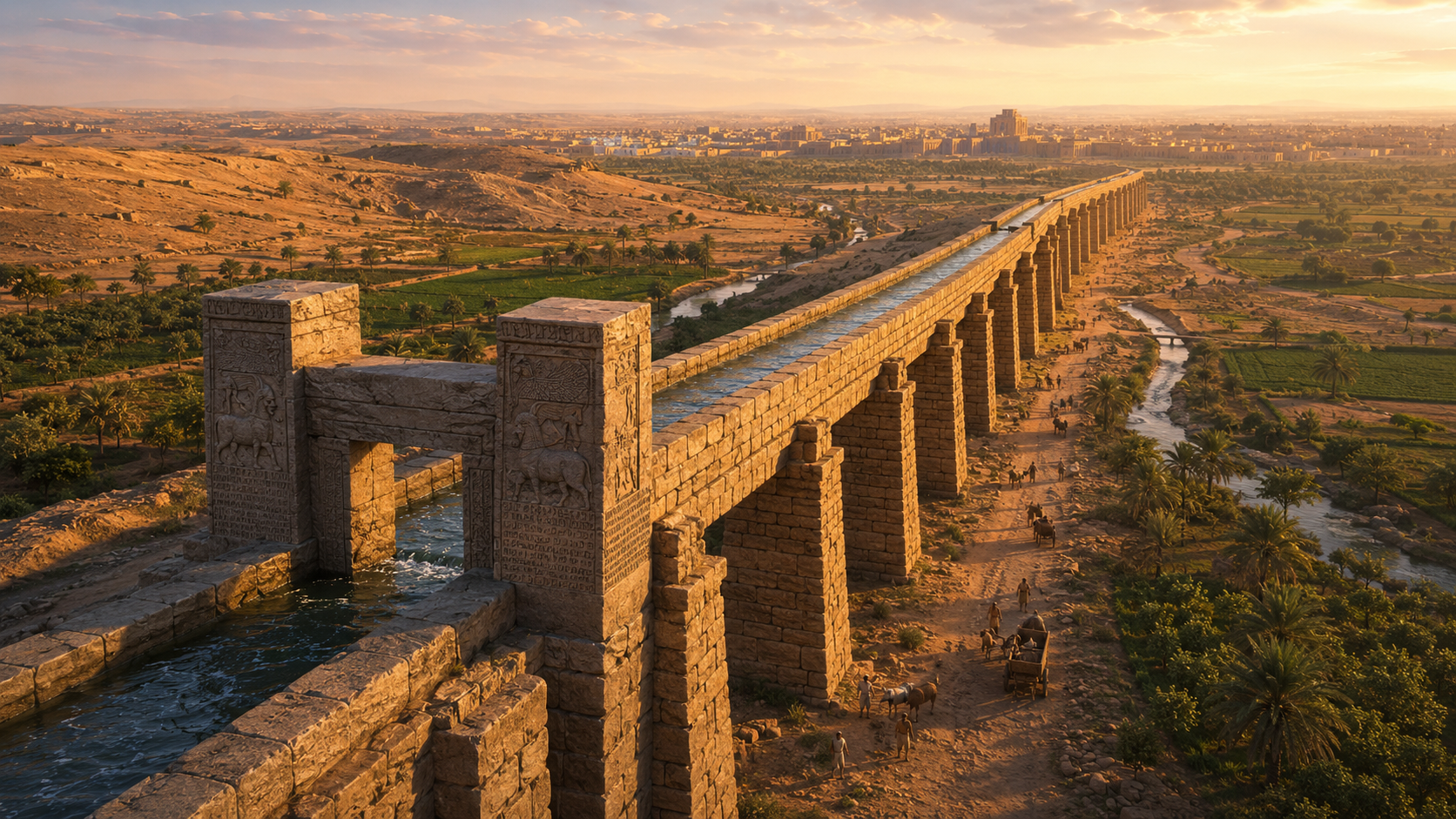 Vista panorámica imaginada del acueducto de Jerwan, con un canal elevado de piedra que conduce agua hacia la ciudad asiria entre campos y palmeras.