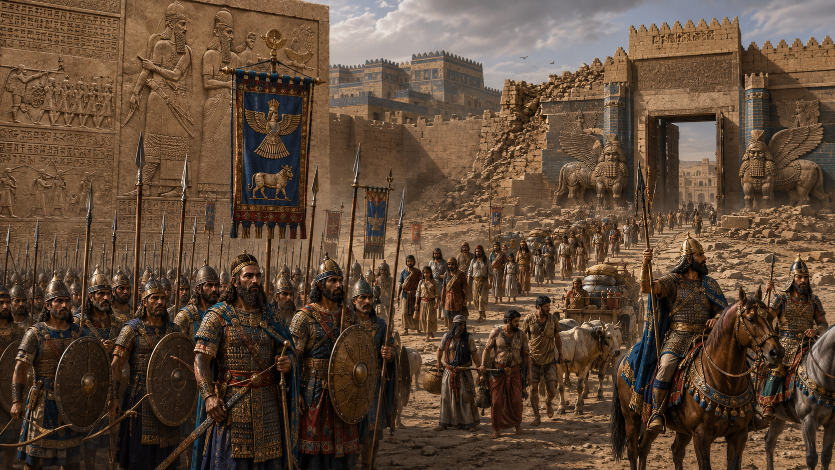 Escena panorámica imaginada de un ejército neoasirio con infantería, caballería y estandartes ante una puerta monumental decorada con relieves.