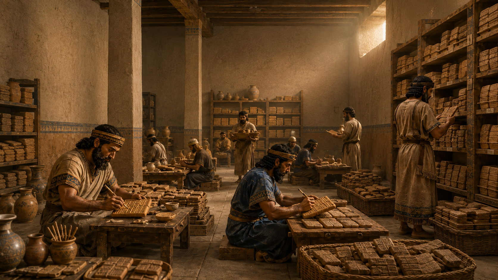 Escena imaginada de escribas asirios trabajando con tablillas cuneiformes en una sala de la biblioteca palaciega de Nínive.