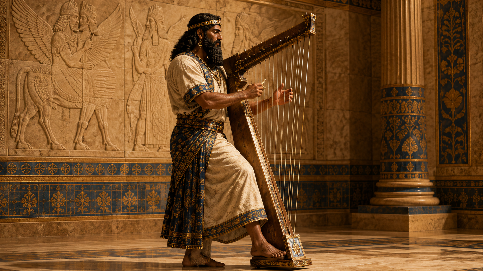 Escena imaginada de músicos asirios tocando grandes arpas angulares en un espacio palaciego neoasirio.