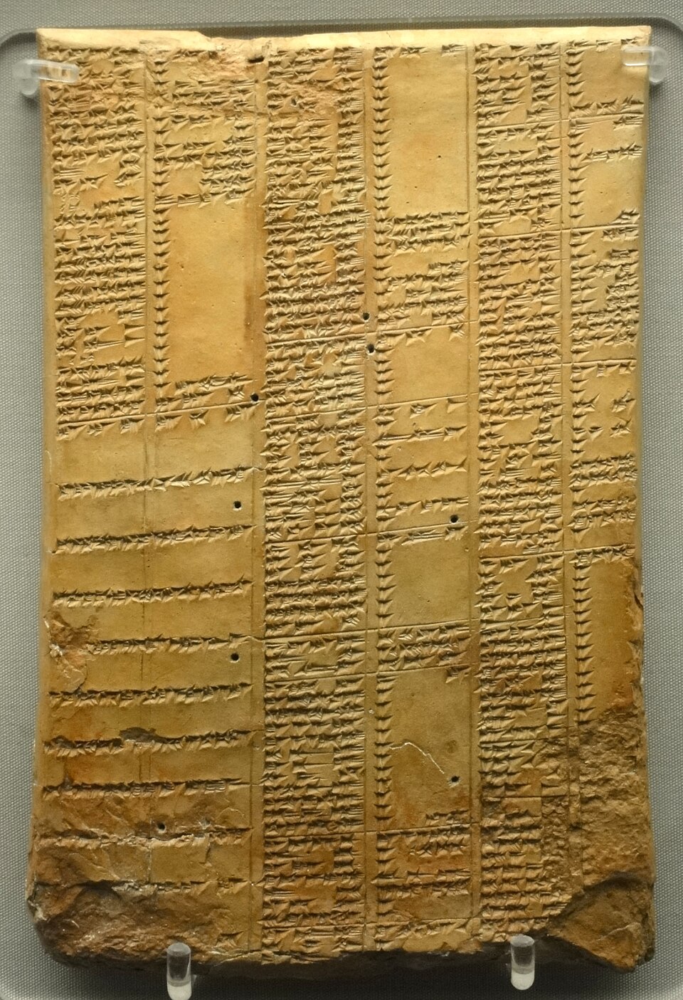 Tablilla de arcilla rectangular cubierta de escritura cuneiforme distribuida en varias columnas.