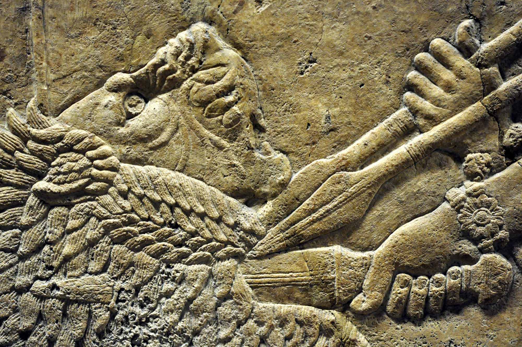 Detalle de los relieves de la caza de leones de Asurbanipal, procedentes del Palacio Norte de Nínive, siglo VII a. C.