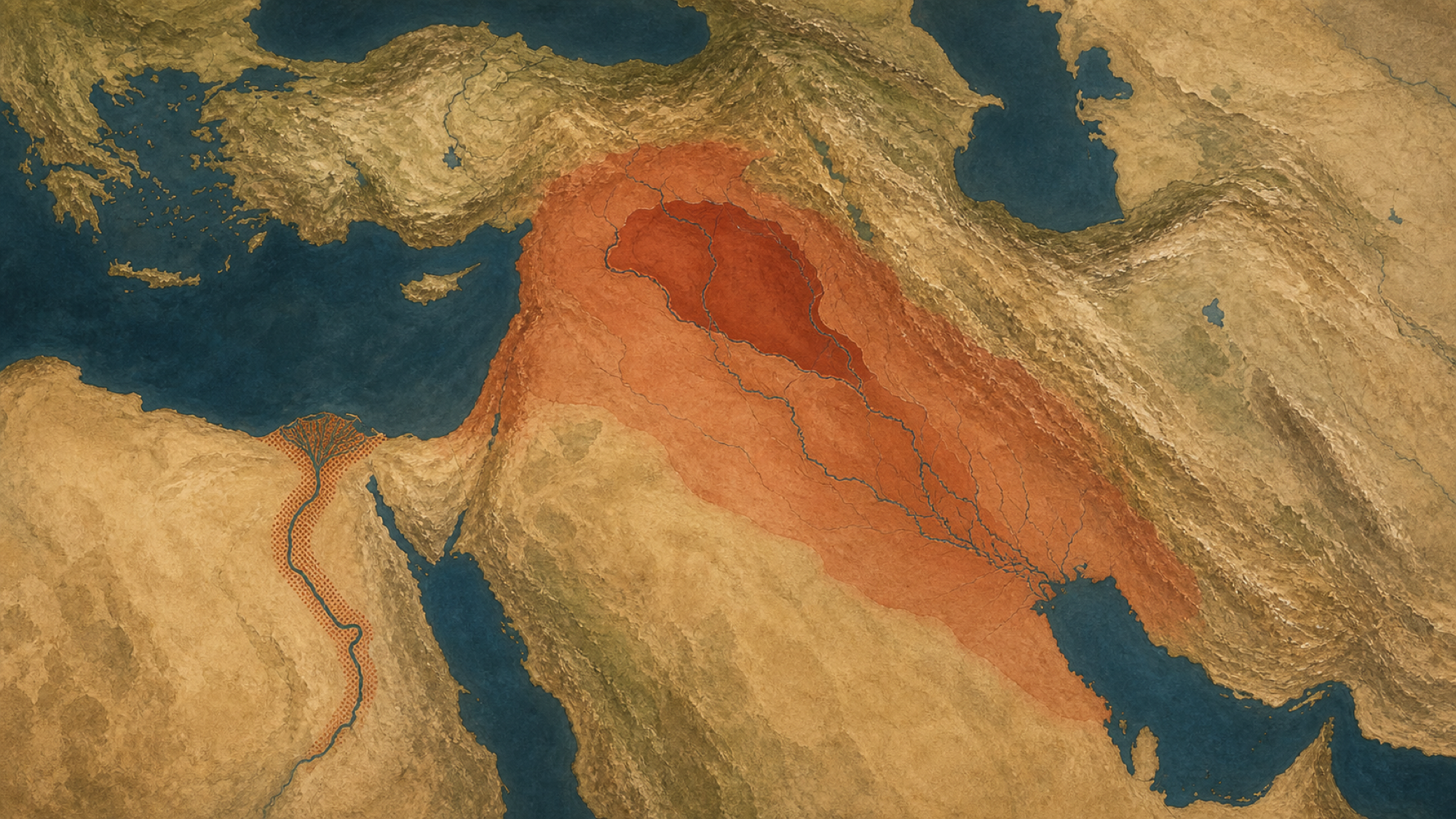 Lámina cartográfica sin rótulos del Próximo Oriente, con Mesopotamia y el corredor del Nilo diferenciados mediante tonos rojizos y punteados.