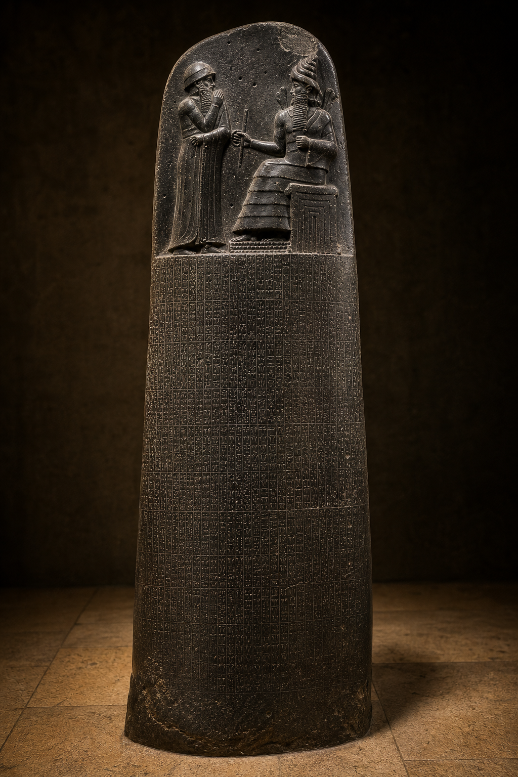 Estela de piedra oscura de Hammurabi con el relieve de Hammurabi ante Shamash en la parte superior y columnas de escritura cuneiforme debajo.