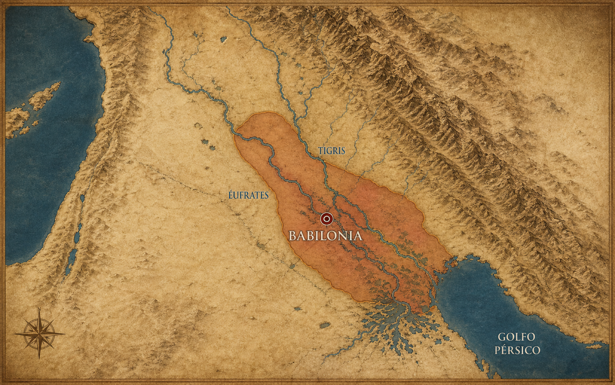 Mapa estilizado de Mesopotamia con Babilonia y su ámbito de influencia destacados.
