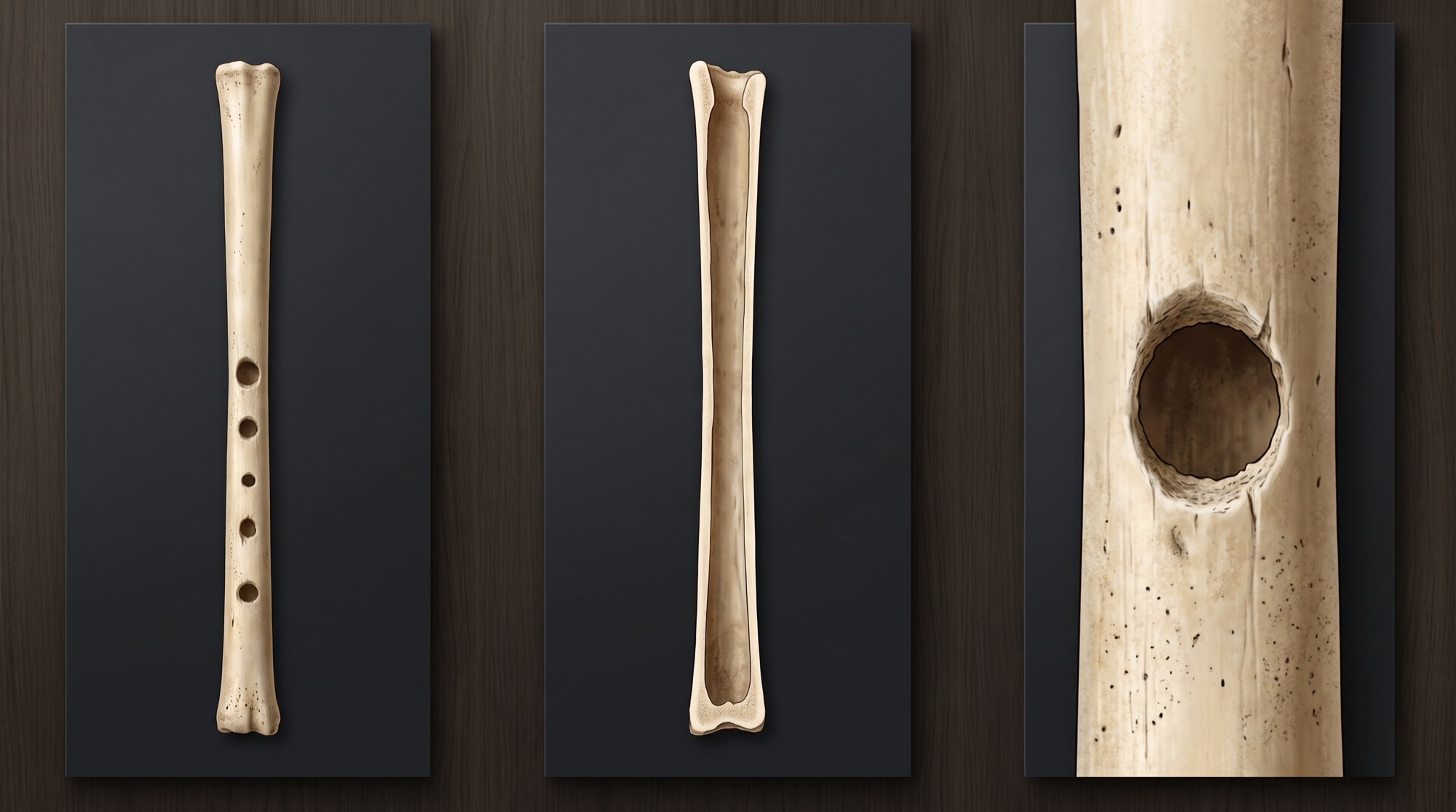 Tres vistas didácticas de una flauta de hueso: exterior con perforaciones, sección longitudinal y detalle de un orificio.