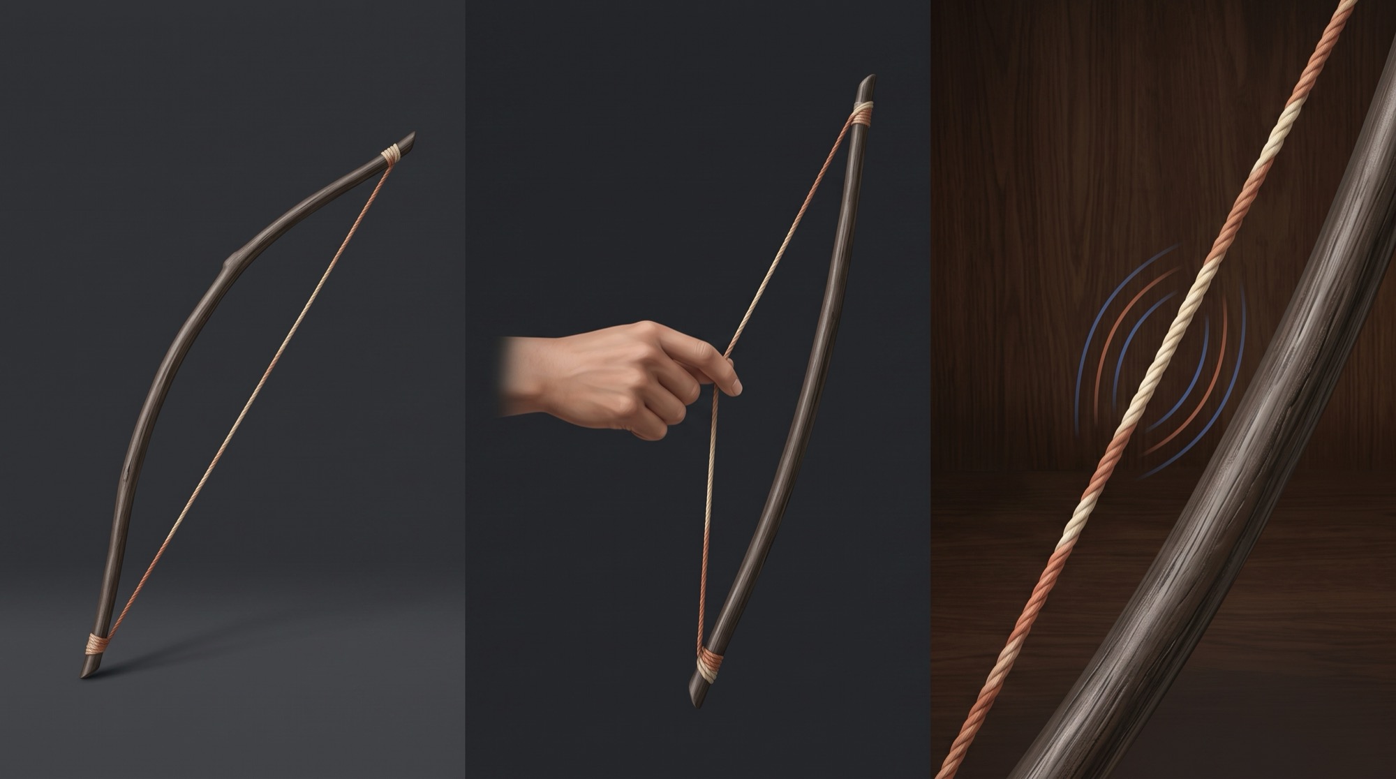 Tres vistas de un arco musical: instrumento completo, mano pulsando una cuerda y detalle de su vibración.