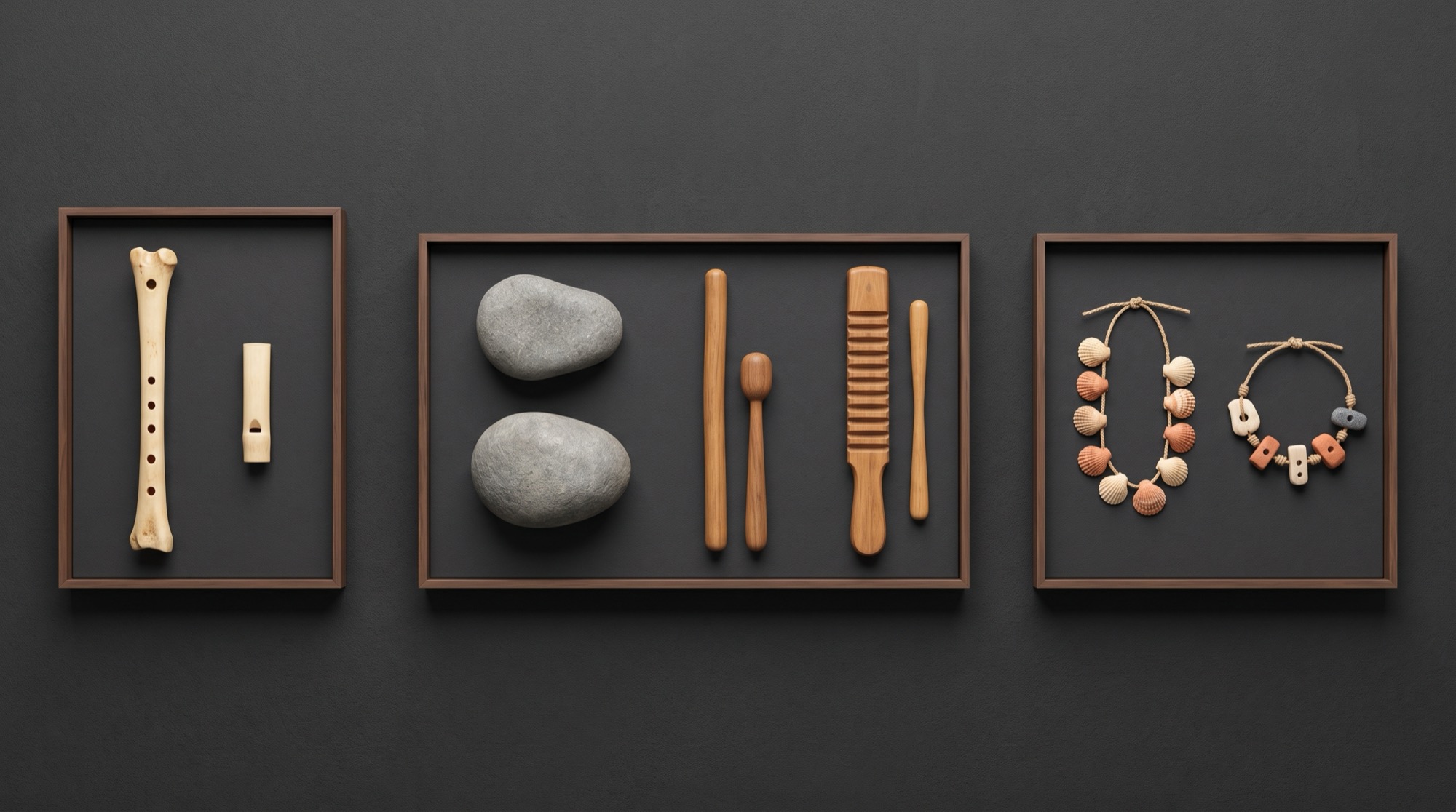 Tres vitrinas muestran flautas de hueso, piedras y objetos de madera para percusión, y posibles sonajas de conchas y piezas perforadas.