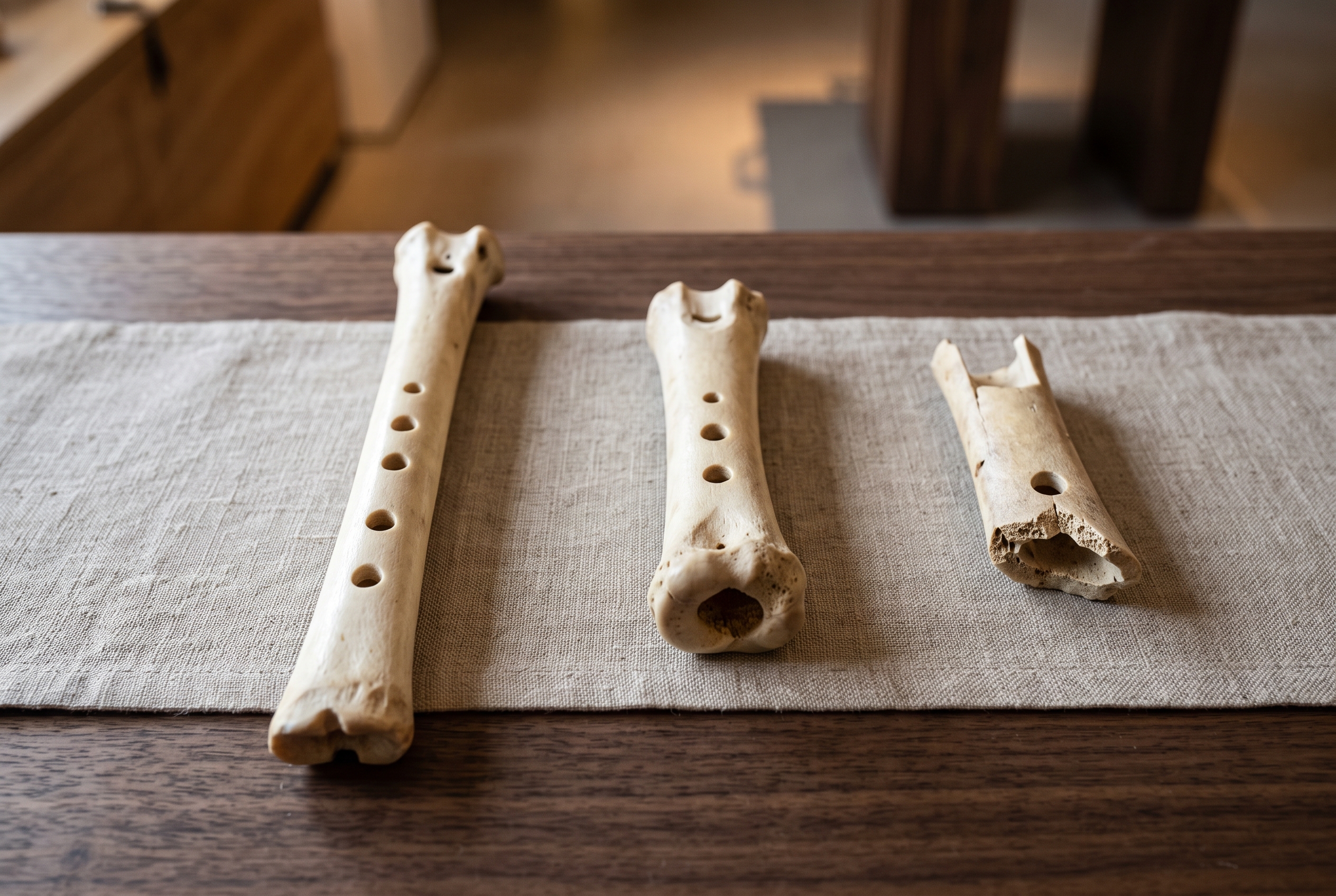Tres réplicas modernas de flautas de hueso sobre una superficie de madera y lino.