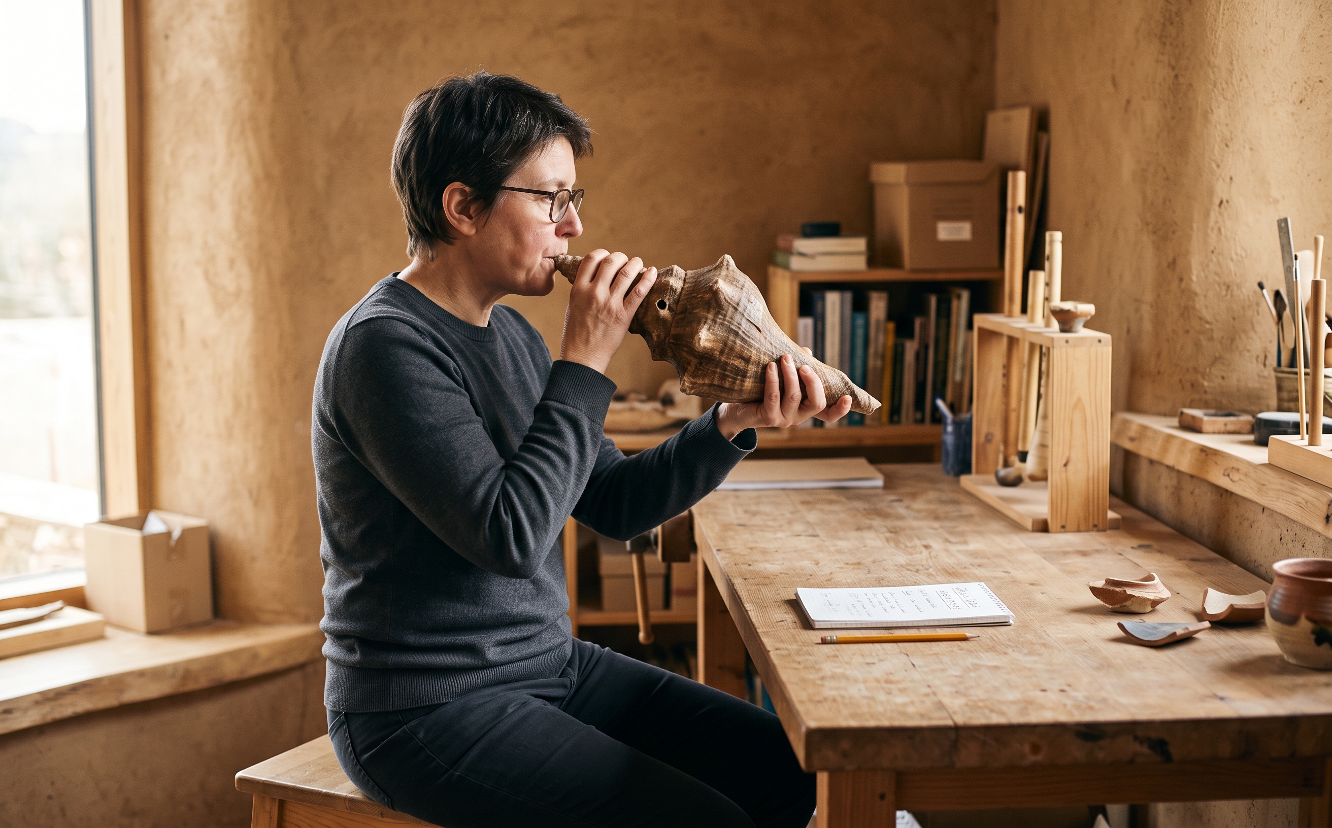 Una persona adulta en un taller contemporáneo prueba una caracola como aerófono experimental.