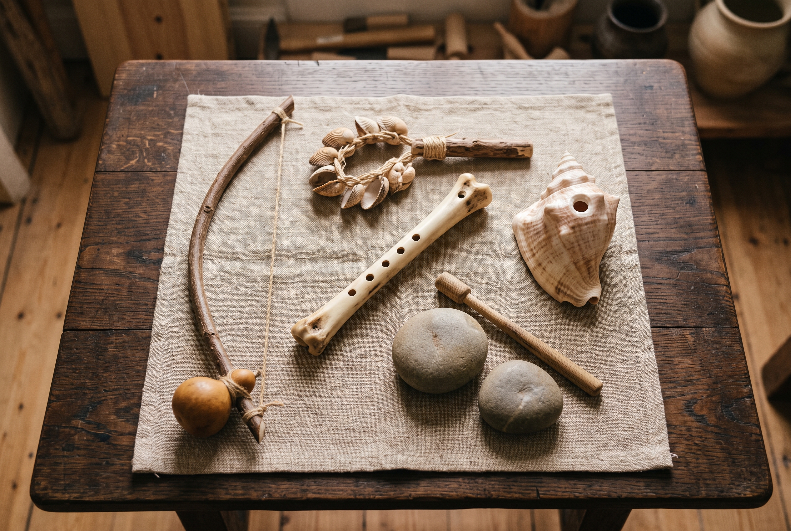 Conjunto de flauta de hueso, caracola, sonajero de conchas, percutores y arco bucal sobre una mesa.
