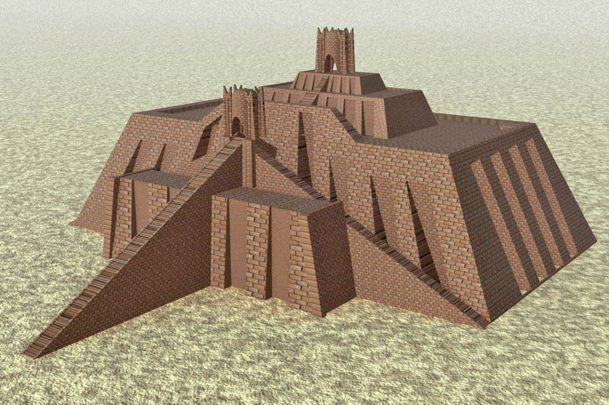 Reconstrucción gráfica del Gran Zigurat de Ur, construido durante la III Dinastía de Ur; no representa un edificio del periodo de las primeras ciudades sumerias.