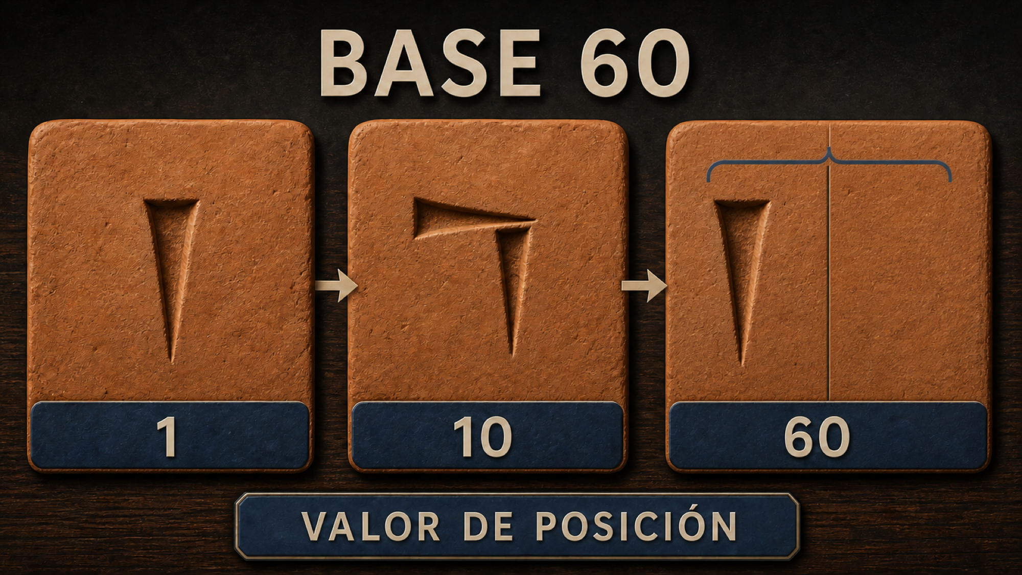 Infografía con tres tablillas de arcilla que muestran los valores uno, diez y sesenta mediante signos en forma de cuña y valor de posición.