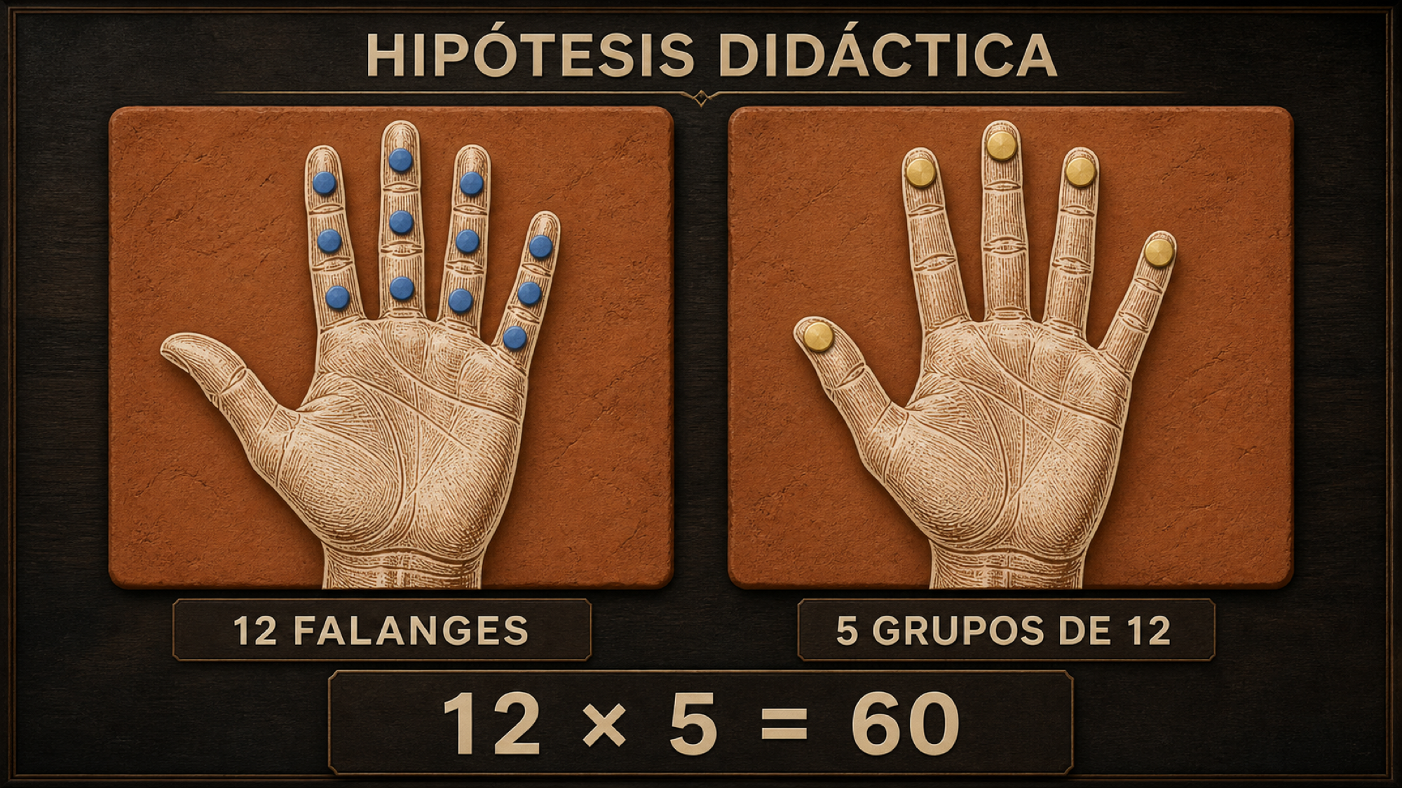 Infografía con doce marcadores distribuidos en las falanges de una mano, cinco marcadores en la otra y la operación doce por cinco igual a sesenta.