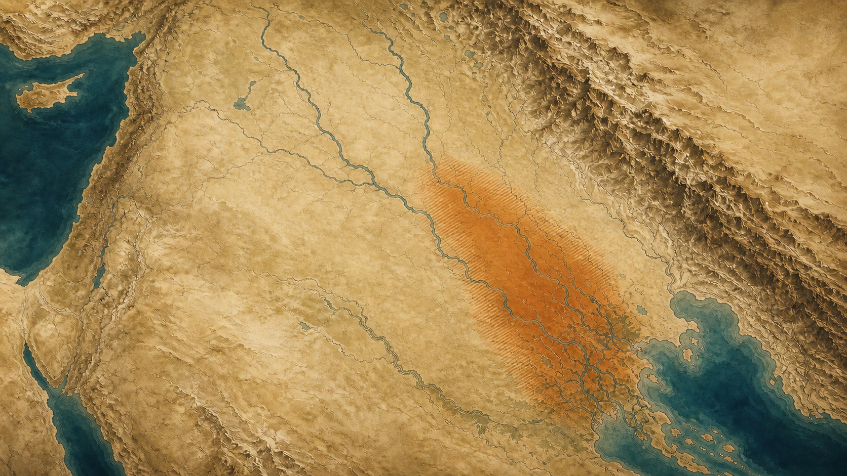 Mapa sin rótulos con el Tigris, el Éufrates y el golfo Pérsico; una zona cobriza destaca el núcleo de Ur III en Mesopotamia meridional y central con una periferia rayada más incierta.