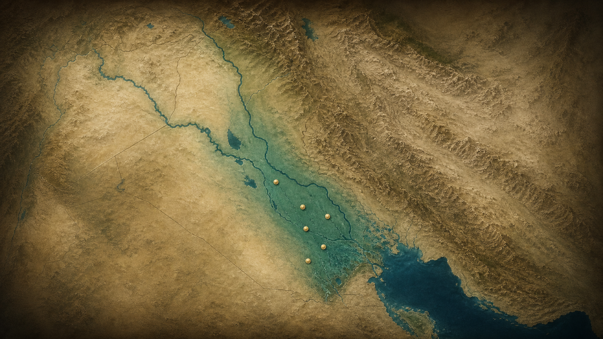 Lámina cartográfica sin rótulos del sur de Mesopotamia con los ríos Tigris y Éufrates, el golfo y seis puntos de yacimiento.