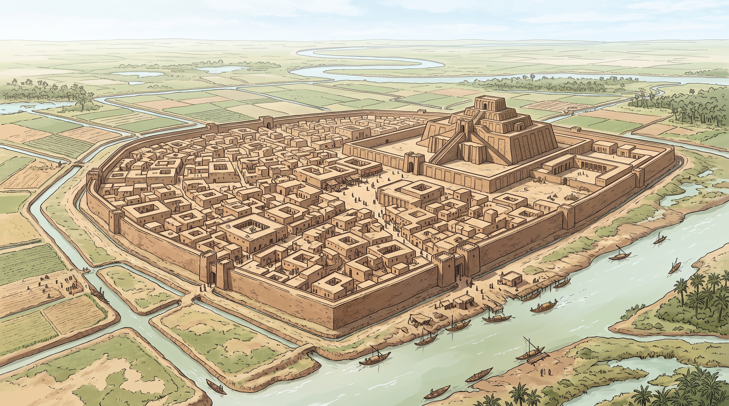 Vista aérea oblicua de una ciudad de adobe junto a un canal, campos de regadío y un recinto templario escalonado.