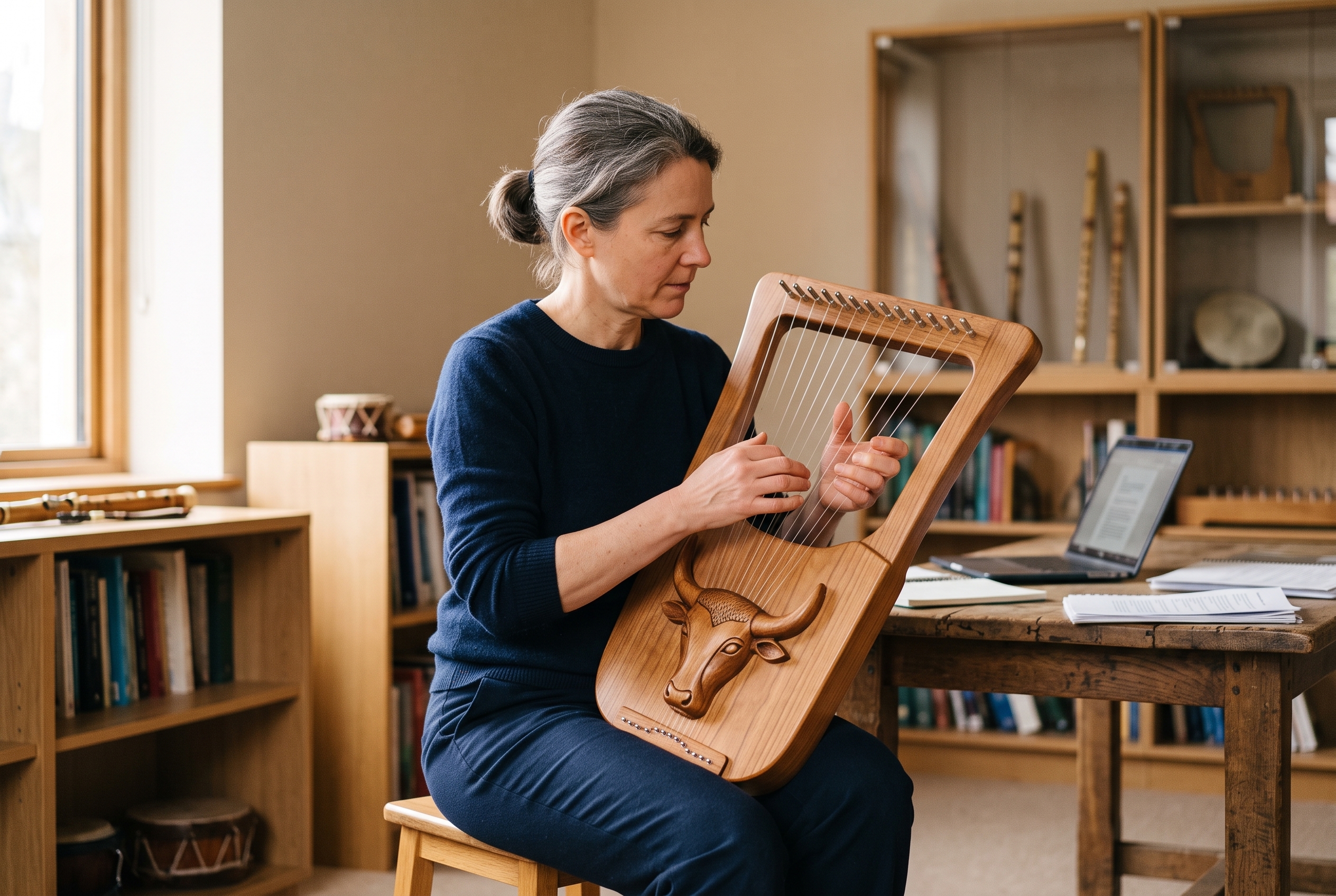 Intérprete adulta en un espacio contemporáneo toca una réplica moderna inspirada en una lira mesopotámica.